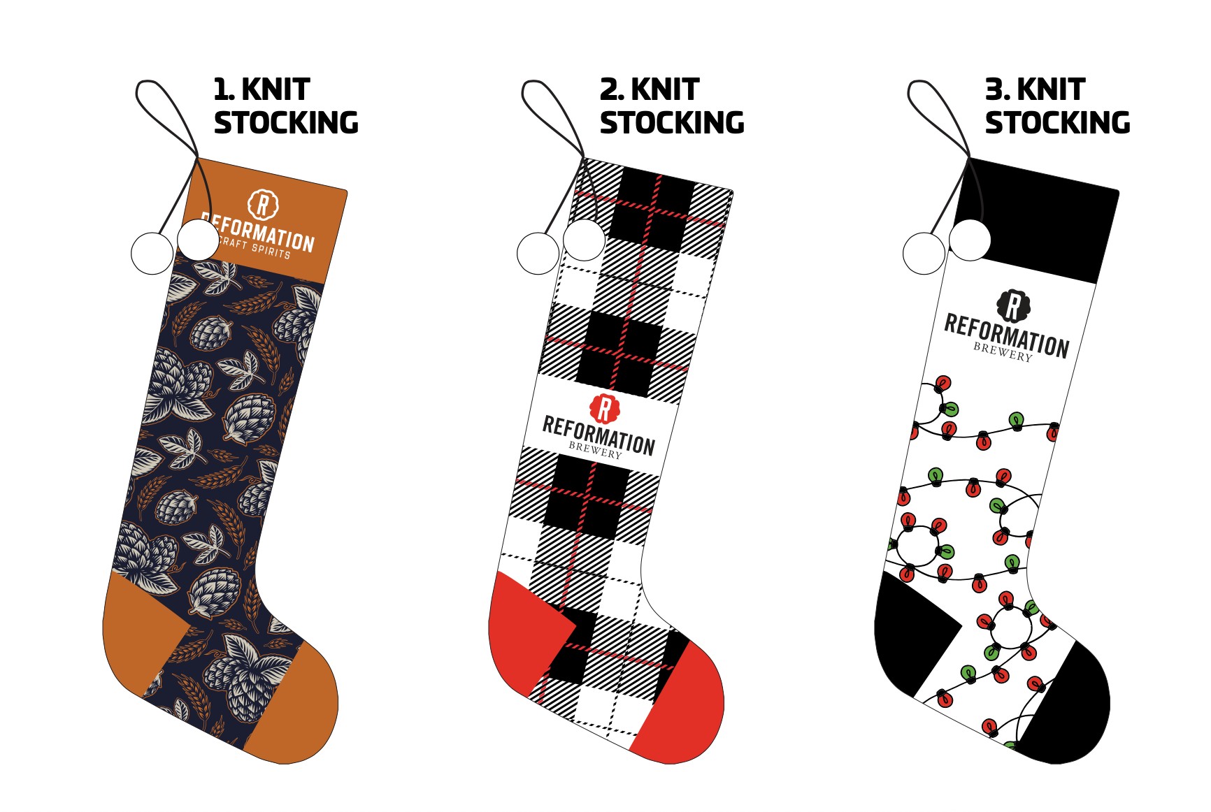 Three custom Reformation Brewery Christmas stocking design concepts featuring hops artwork, plaid, and holiday lights.